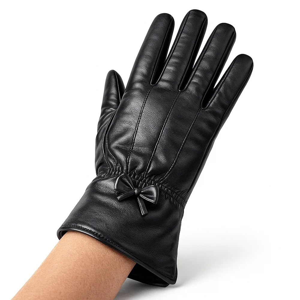 Vintage Black Leather Ladylike Bow Gloves M/L